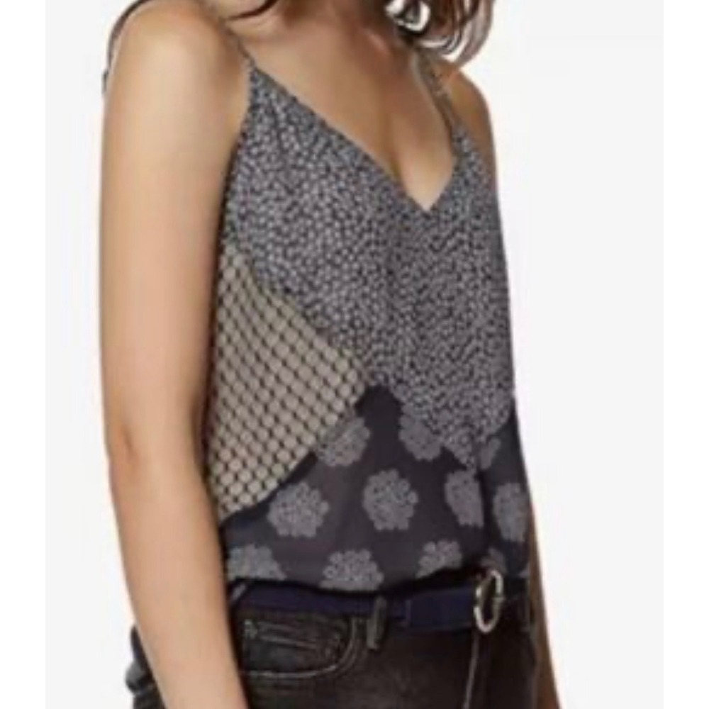 Avec‎ Les Filles Mixed Floral Print Cami Top Navy Blue White V-Neck Large